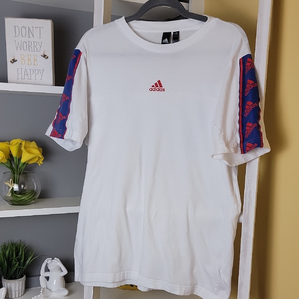 Adidas Men's White and Blue T-Shirt